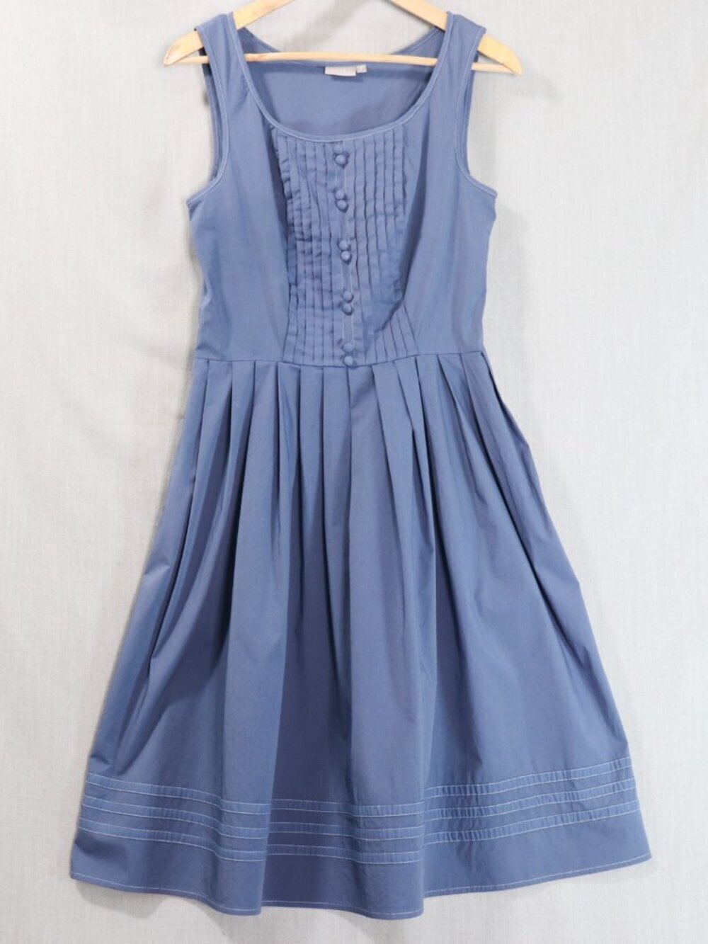 eShakti Blue Retro Fit & Flare Dress Medium 8 Cotton Pleated Faux Button Front